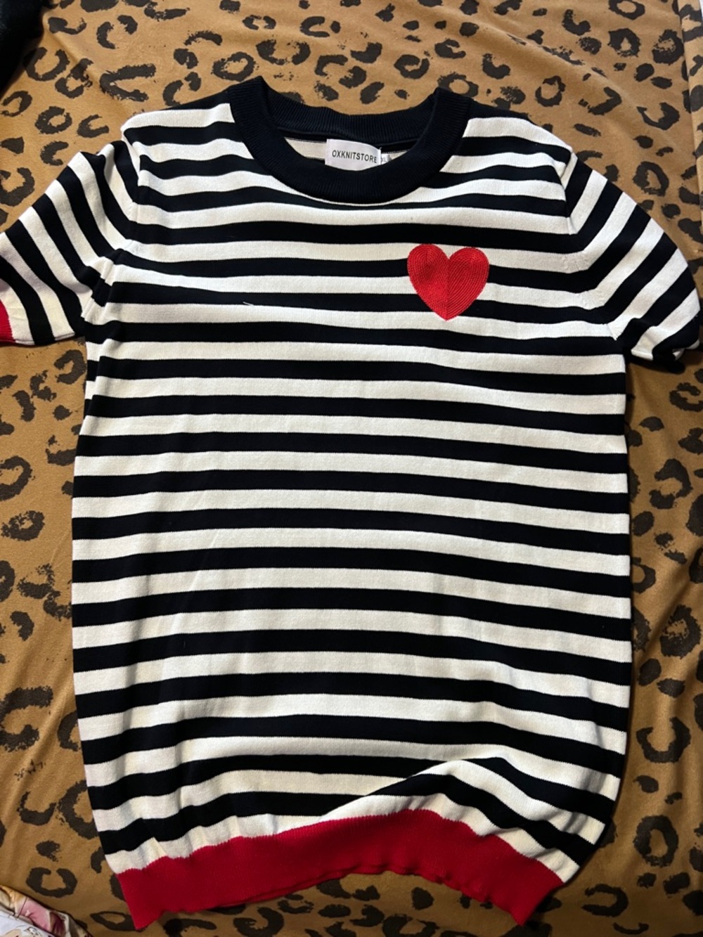 Oxknit Black & White Striped Short Sleeve Knit Top with Red Heart Size XL